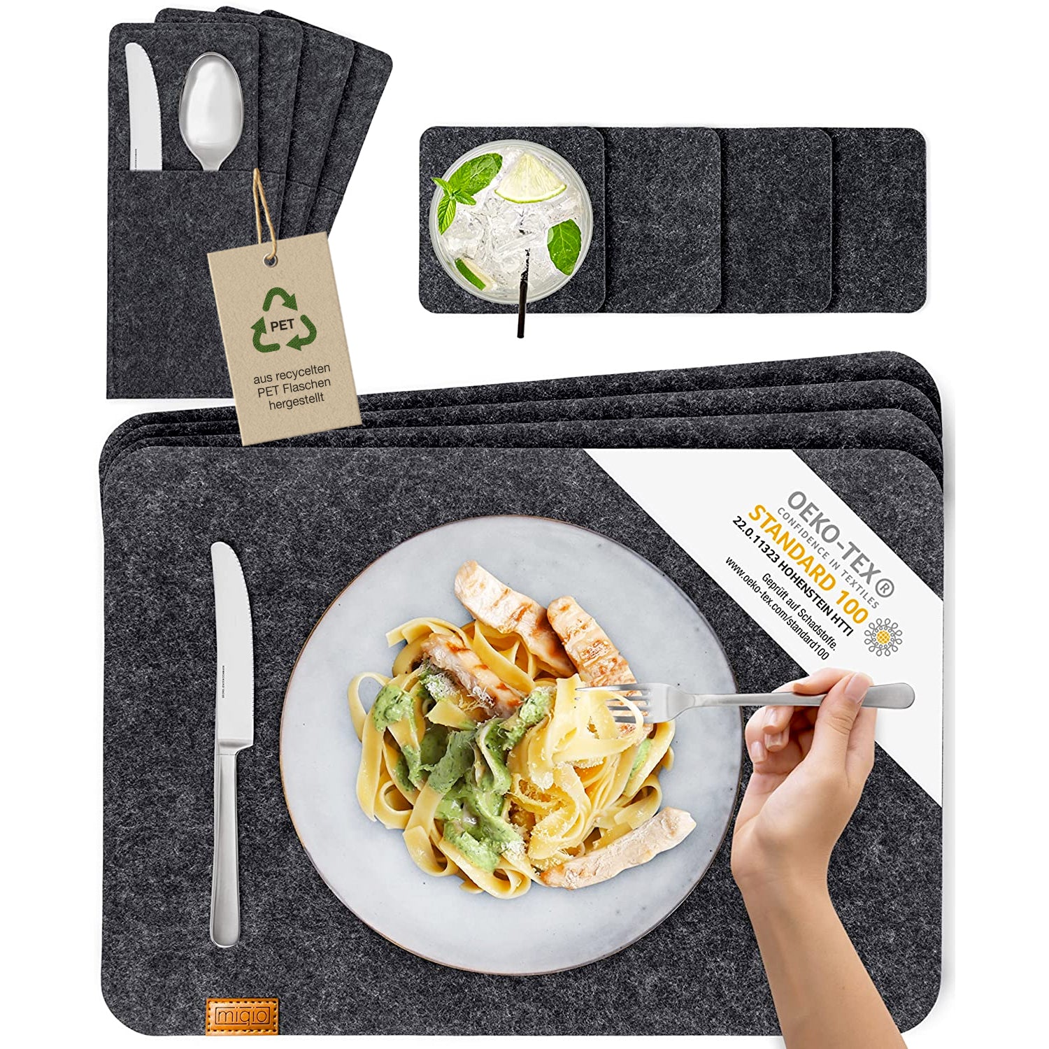Filz-Tischset inkl. Glasuntersetzer + Bestecktaschen. Set: 4/6 Pers. – MIQIO® Design