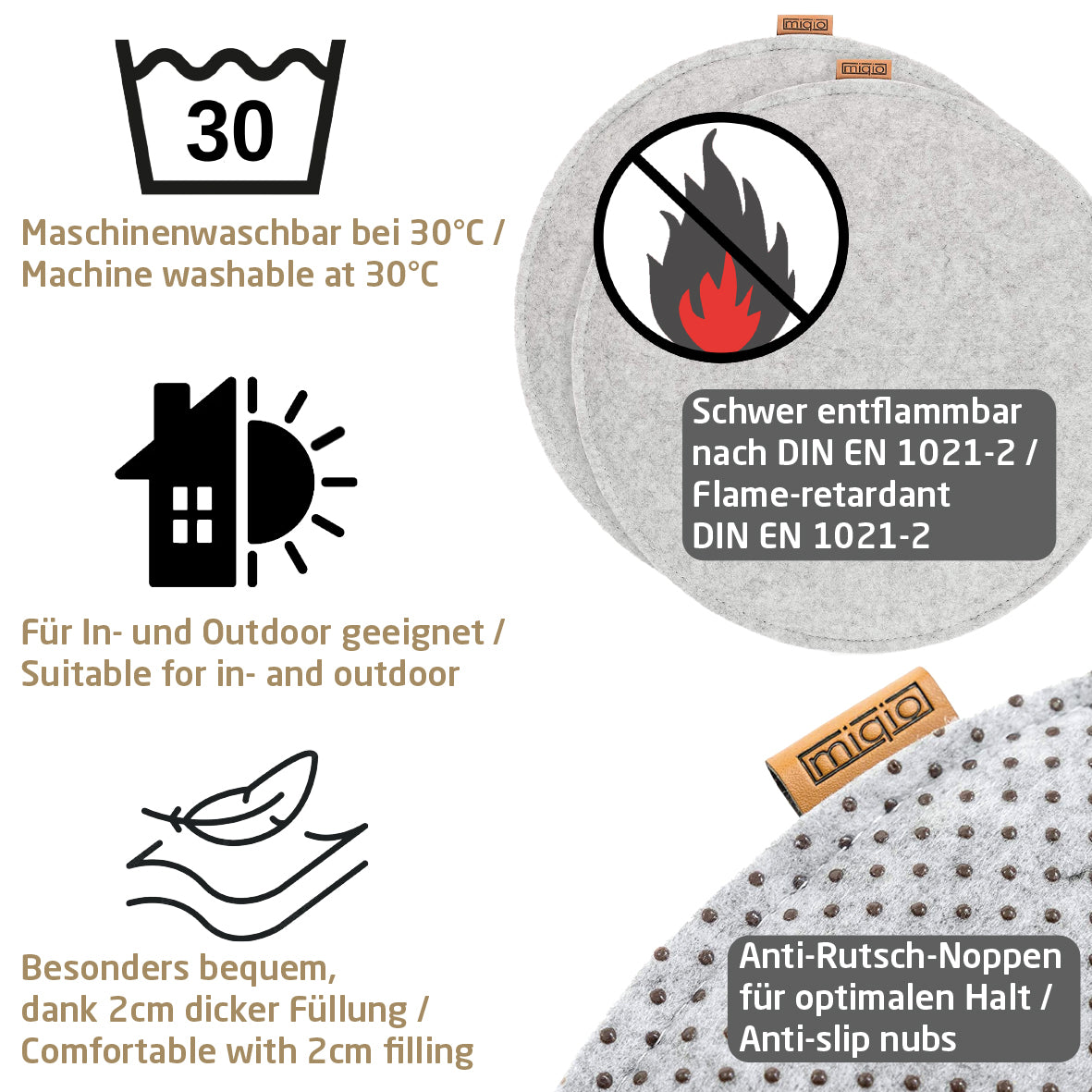 Sitzkissen aus Filz Rund, Waschbar, Rutschfest