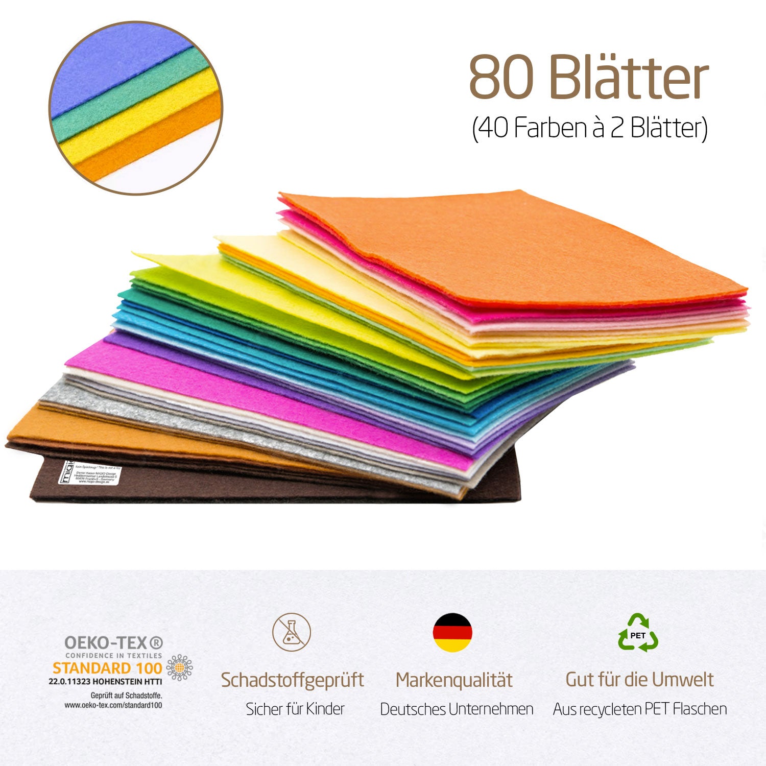 Bastelfilz - Nachhaltig | XL Bastelset 30x30 cm. 80 Blätter. 40 Farben