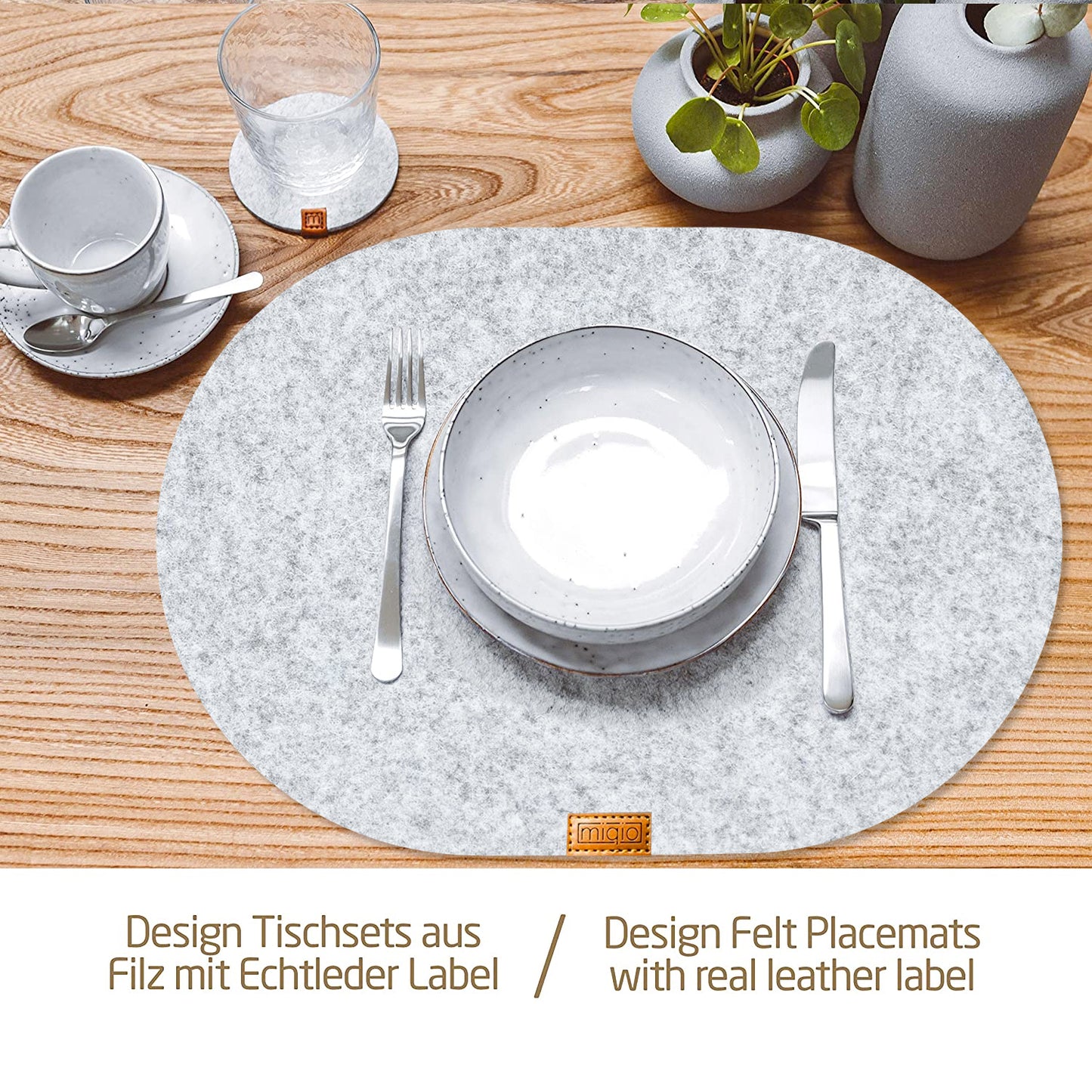 Filz-Tischset inkl. Glasuntersetzer Oval in grau/anthrazit - Set für 6 Personen